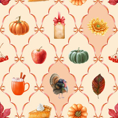 Thanksgiving decor element warm colors seamless pattern. Watercolor vintage style illustration. Thanksgiving decoration, pumpkins, turkey bird, autumn harvest gifts seamless pattern design