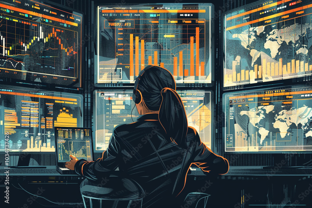 Poster woman in front of computer screens showing data