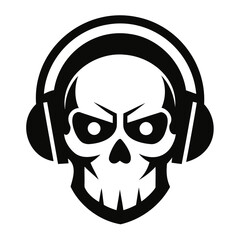 Skull with headset black silhouette, Skull logo vector illustration. music skull logo template