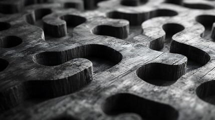 Abstract textured surface with intricate cutouts, emphasizing depth and shadow.