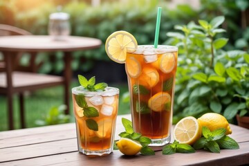 Fototapeta premium A refreshing glass of tea with lemon and mint on wooden table