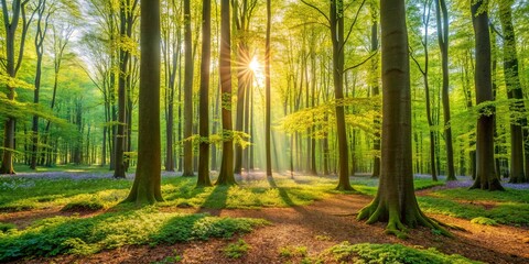 Golden Sunlight Bathes a Forest Floor Covered in Delicate Wildflowers, Illuminating the Majestic Trunks and Lush Undergrowth
