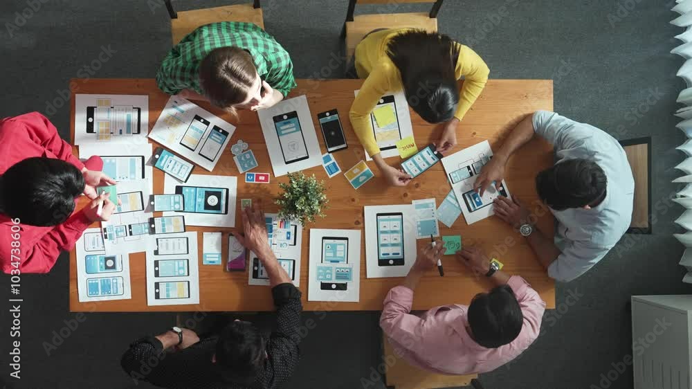 Poster creative team sitting and discussing while brainstorm about ux ui design mobile phone interface. peo