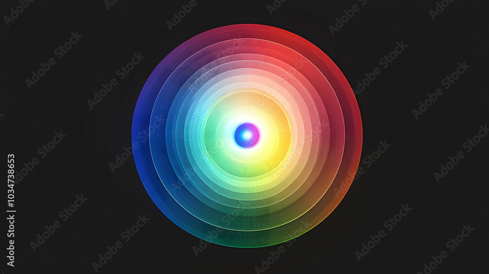 Poster vibrant circular rgb spectrum, a soft glow radiating outward in a full spectrum of 16.8 million colo