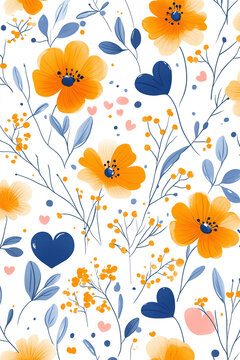 Seamless Flower  Pattern With Blue and orange flowers