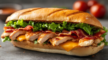 Savory bacon chicken sandwich layered with melted cheese and crisp lettuce, perfect for a hearty meal or snack option.