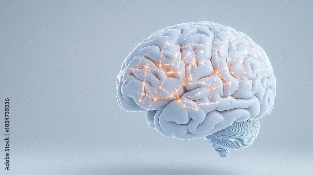 Poster 3d rendering of a human brain with glowing connections on a soft gray background.