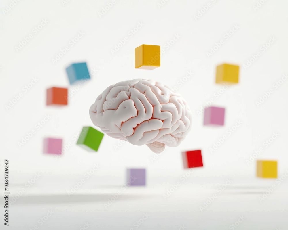Poster 3d brain surrounded by colorful blocks on a white isolated background, symbolizing creativity and co