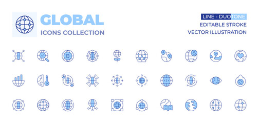 Global icons collection. Line Duotone style, editable stroke. global connection, globalization, relationship, world, global network, global warming, global, worldwide, expansion