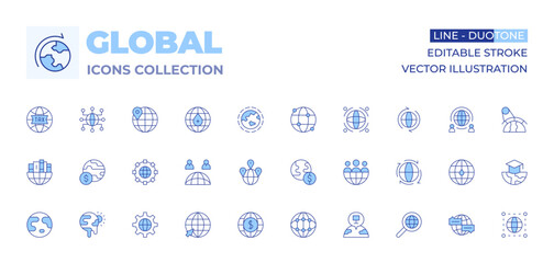 Global icons collection. Line Duotone style, editable stroke. global, location pin, world, global economy, global network, global research, team, astronomy, worldwide