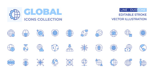 Global icons collection. Line Duotone style, editable stroke. pin, globe, global shipping, globalization, alert, global network, earth day, global communication, news, time zone