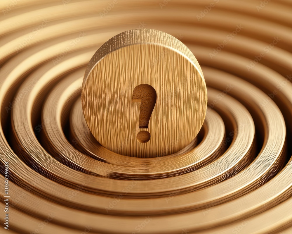 Poster a golden question mark symbol placed in concentric circles, representing inquiry and curiosity.