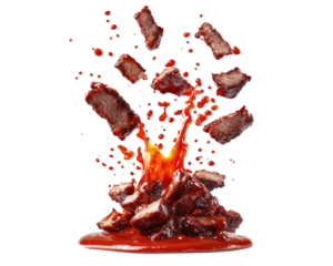 barbecue meat pieces splashing on transparent background 