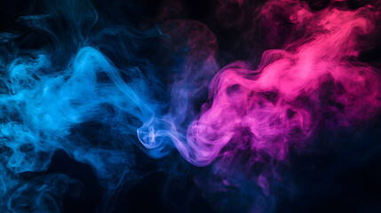 Neon smoke swirl, vibrant pink and blue hues blend subtly against a deep black canvas, creating an intriguing visual contrast.
