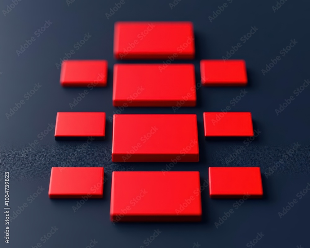 Poster abstract arrangement of red rectangular shapes on a dark background.