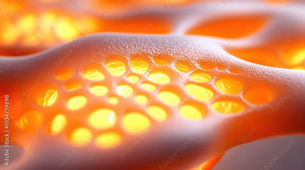 Poster abstract close-up of cellular structure with glowing orange highlights on a textured surface.