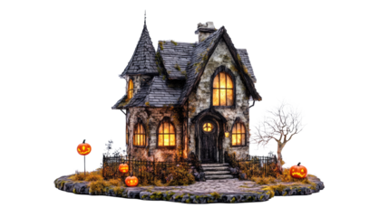 A whimsical Halloween scene featuring a castle and house with bats flying in the night sky, illuminated by a full moon, creating a fantasy atmosphere in a medieval village