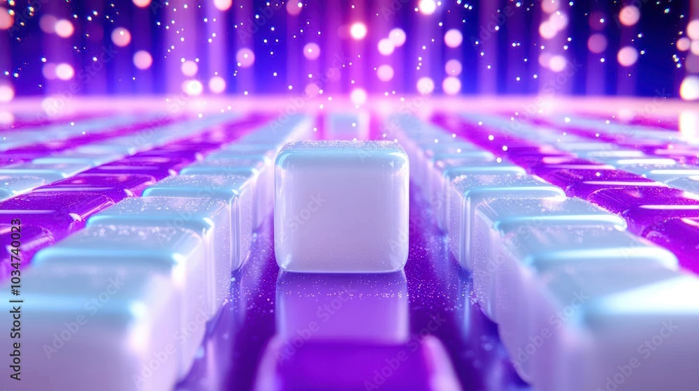 Poster abstract futuristic scene with glowing cubes and vibrant colors creating a surreal digital atmospher