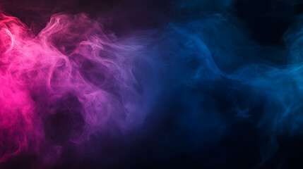 Neon smoke swirl, vibrant pink and blue hues blending softly against a deep black backdrop, creating a striking visual contrast.