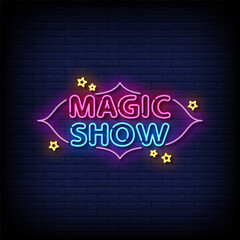 magic show neon sign vector with brick wall background