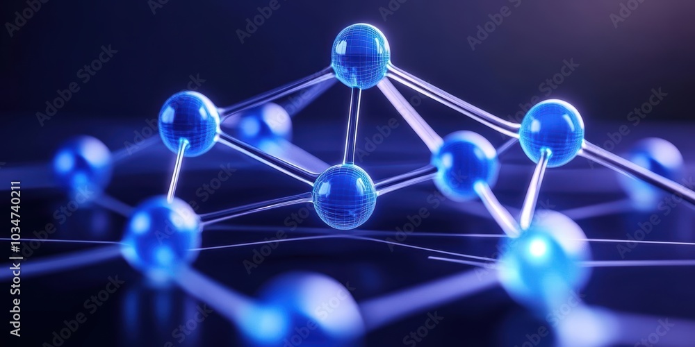 Poster abstract molecular structure with blue spheres and connecting lines on a dark background.