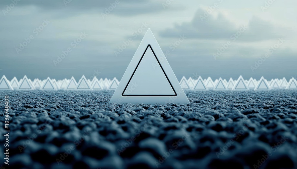 Poster abstract pyramid shapes on a textured surface under a cloudy sky, creating a surreal landscape.