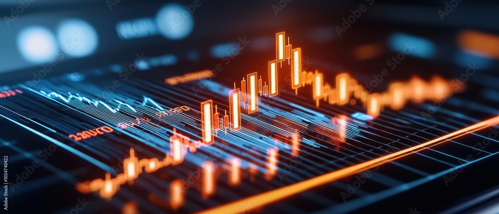 Poster abstract stock market chart on digital screen with glowing data points and lines against dark backgr