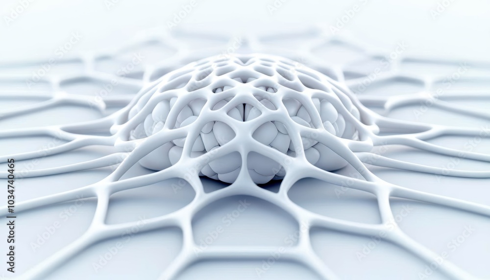 Poster abstract white 3d structure with intricate mesh design on a light backdrop.