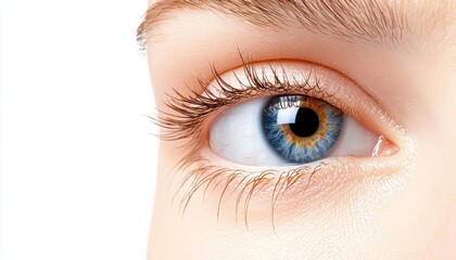 Obraz premium Close-up of a human eye, showcasing beautiful blue and brown iris details, isolated on white background.