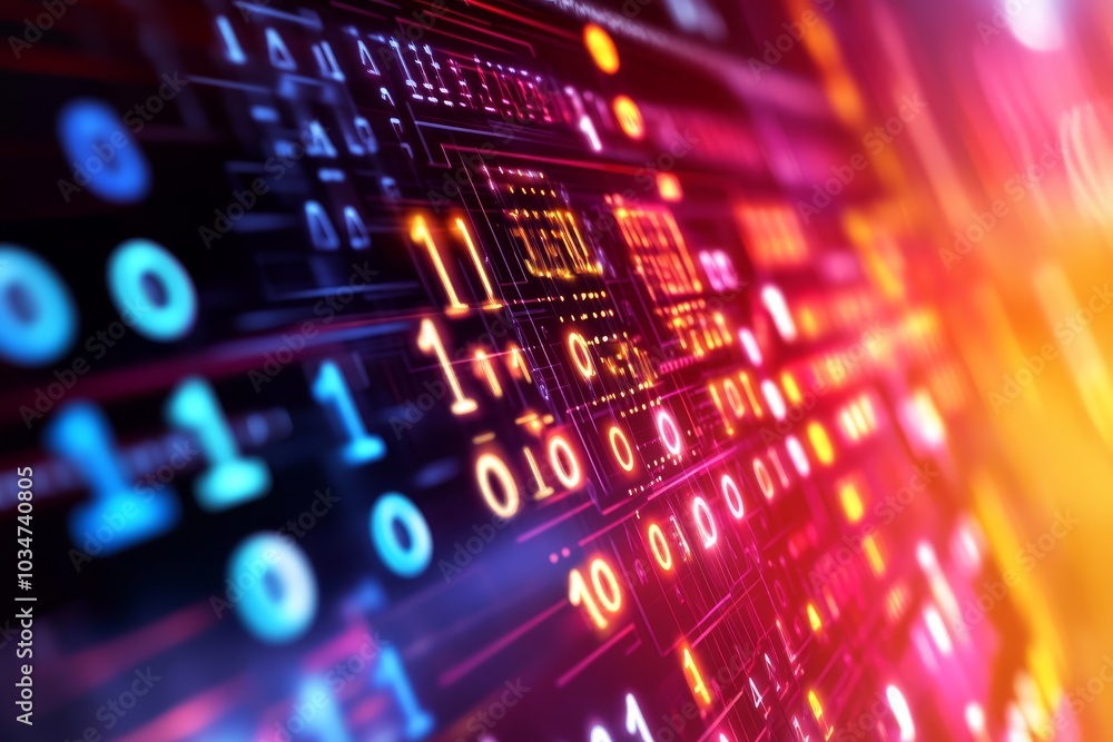 Aufkleber abstract digital background with glowing binary code in red, blue, and orange hues.