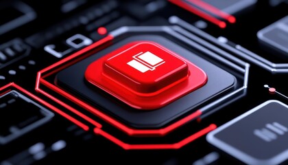 Close-up view of a red button on a digital interface, symbolizing innovation and connectivity.