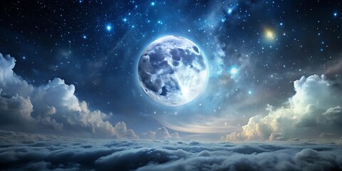 A celestial tapestry of luminous stars and a shimmering moon, casting an ethereal glow over a boundless sea of clouds
