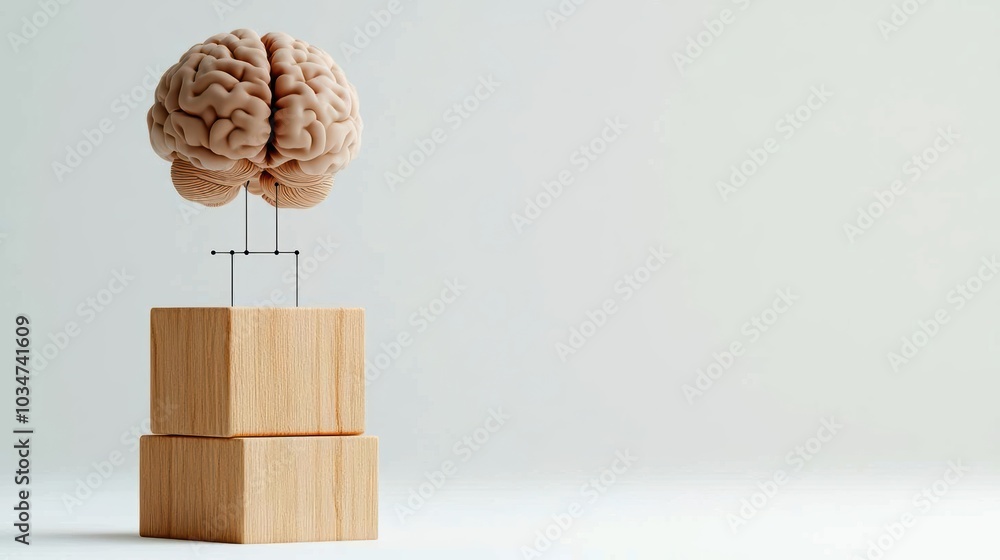 Poster conceptual image of a brain model on wooden blocks, symbolizing thought and intelligence.