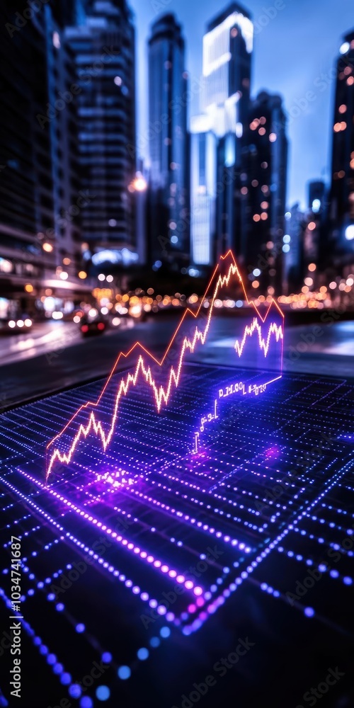 Poster data visualization on digital screen with city background showcasing growth trends and analytics.