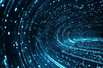 Abstract blue glowing tunnel with light streaks.