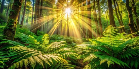Golden Rays Illuminating the Forest Floor Through a Canopy of Green Leaves and Tall Trees