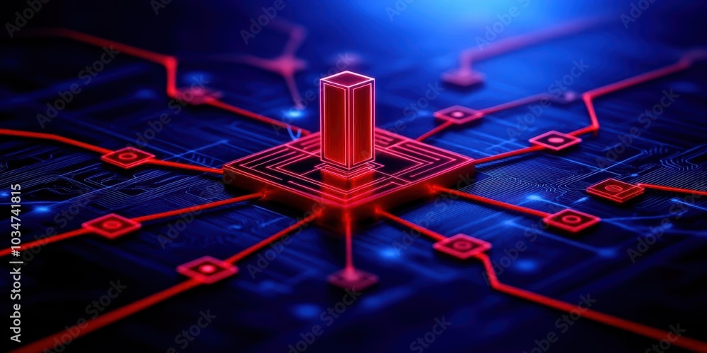 Poster futuristic circuit board with red connections and a central processing unit, illuminated in blue lig