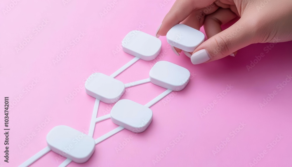 Poster hand placing a white rectangular object on a pink surface, illustrating connection and organization.