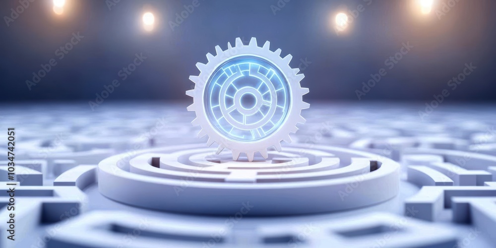 Poster illuminated gear on a maze-like surface, representing innovation and problem-solving.