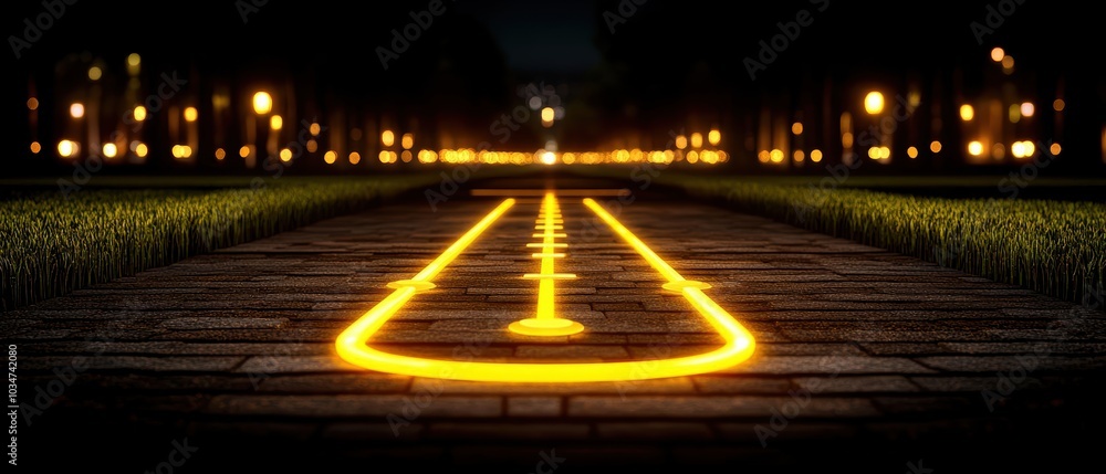 Poster Illuminated pathway at night, creating a calm and inviting atmosphere for evening walks.