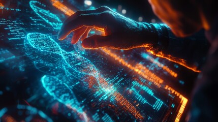 Close-up of a genetic researcher working with holographic DNA sequences in a glowing, futuristic interface