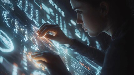 Close-up of a genetic researcher working with holographic DNA sequences in a glowing, futuristic interface