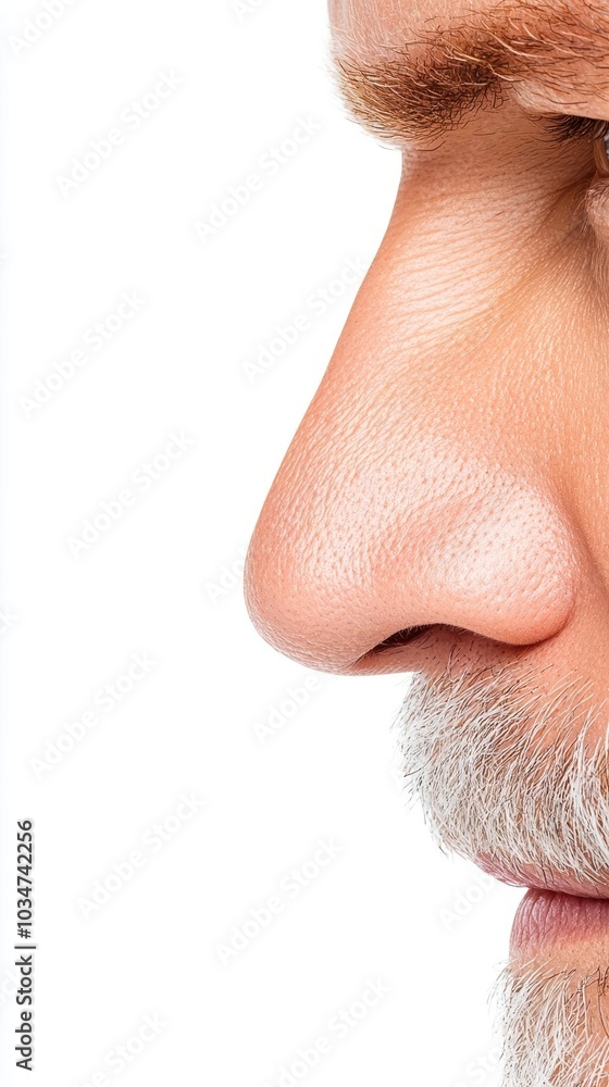 Poster profile view of a thoughtful man with a distinguished nose and beard against a white isolated backgr