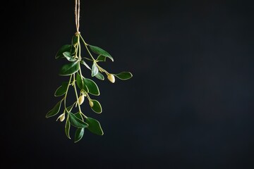 A sprig of mistletoe with green leaves and white berries hanging from a string against a black background