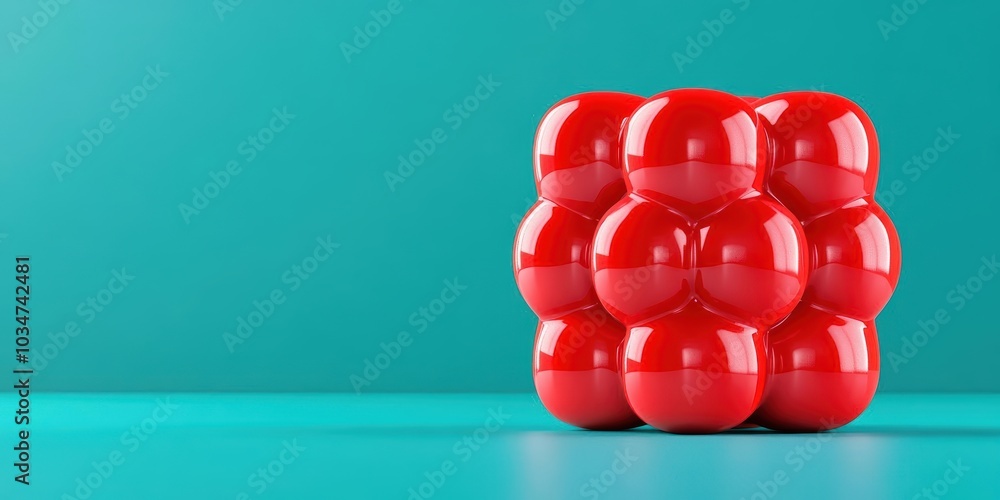 Poster three-dimensional red spheres arranged in a cube shape with a turquoise background.