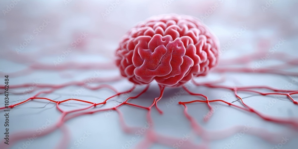 Poster stylized representation of a brain with intricate red network, showcasing neuroscience and human cog