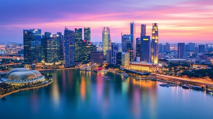 Fototapeta premium Singapore Skyline with Marina Bay Sands and Sunset Reflections