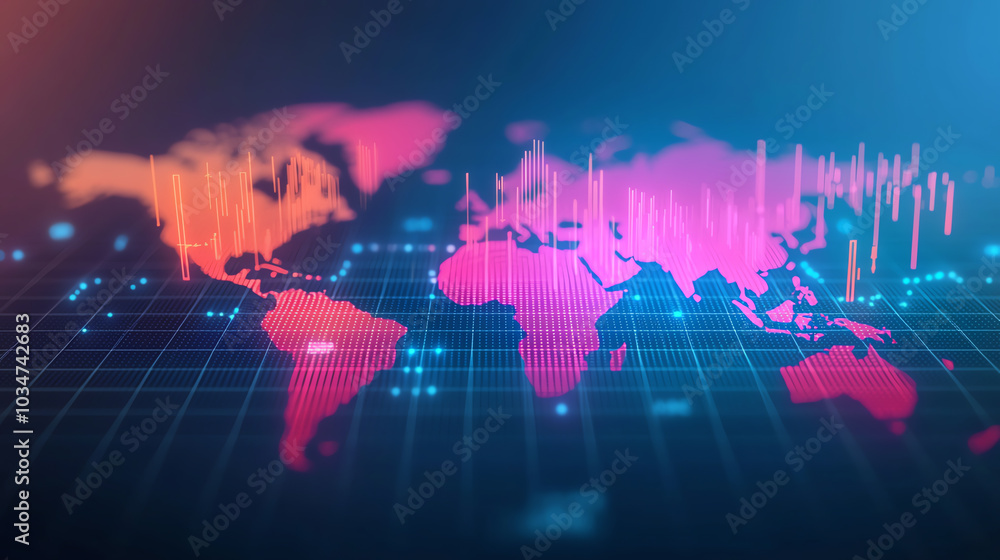 Poster colorful digital world map with data visualizations