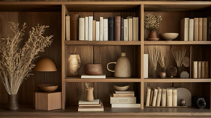 minimalist bookshelf showcases neatly arranged books and decorative items, creating serene and organized atmosphere. warm wood tones and subtle decor evoke sense of calm and simplicity