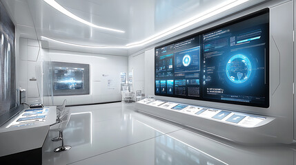 high tech business office featuring advanced analytics displays and sleek, modern design. space is bright and futuristic, ideal for innovative work environments